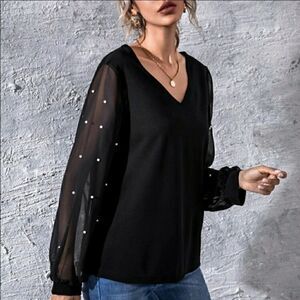 Elegant Black V-Neck Top with Sheer Pearl-Embellished Sleeves